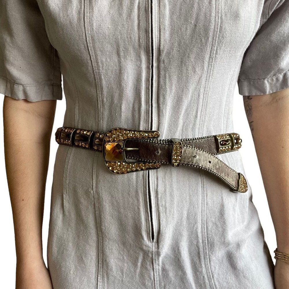 Womens Western Brown Gemstone Cowhide Sparkly Rodeo Cowgirl Leather Belt Sz XL